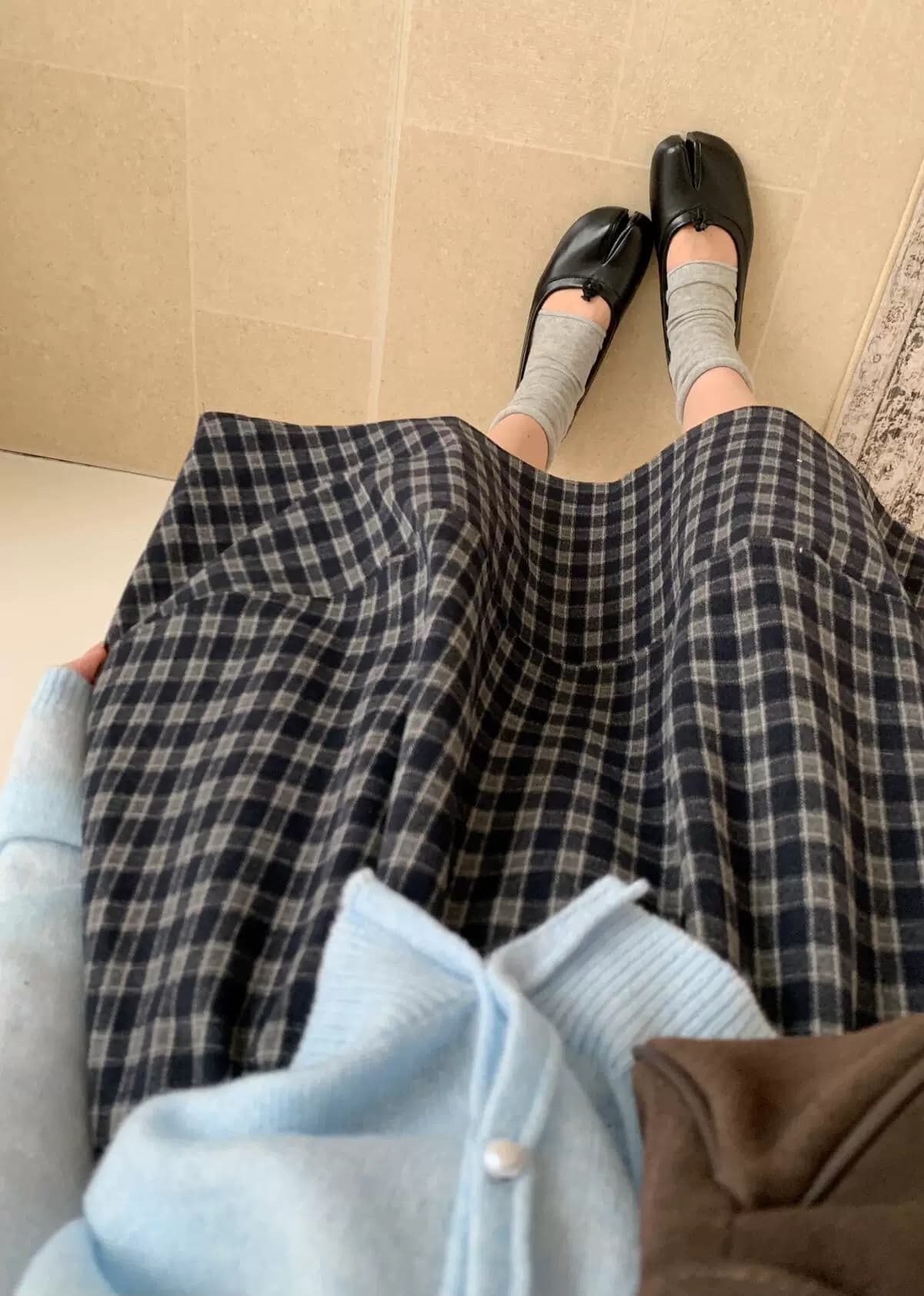 연삭 털 체크무늬 꽃밭 중간 스커트 가을 겨울 새로운 여성 의류 한 부서 ins 바람 시간 아직도 느낌 허리밴드 슬림해 보이는 반신 스커트 상세 이미지 6