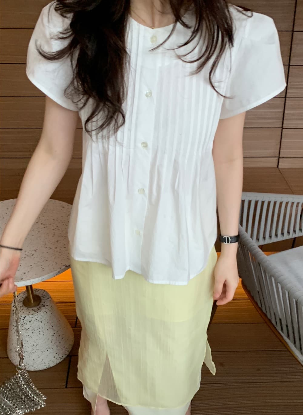 있음 선적 삼색 한 부서 미니멀리즘 수공 주름 반팔 셔츠 오픈 가디건 상세 이미지 18