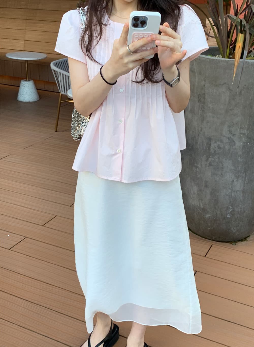 있음 선적 삼색 한 부서 미니멀리즘 수공 주름 반팔 셔츠 오픈 가디건 상세 이미지 28