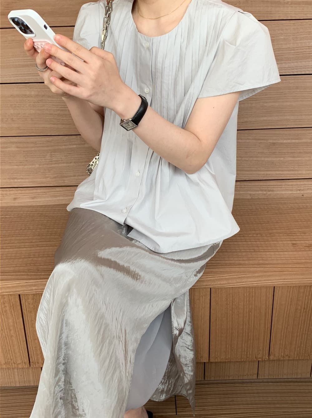 있음 선적 삼색 한 부서 미니멀리즘 수공 주름 반팔 셔츠 오픈 가디건 상세 이미지 37