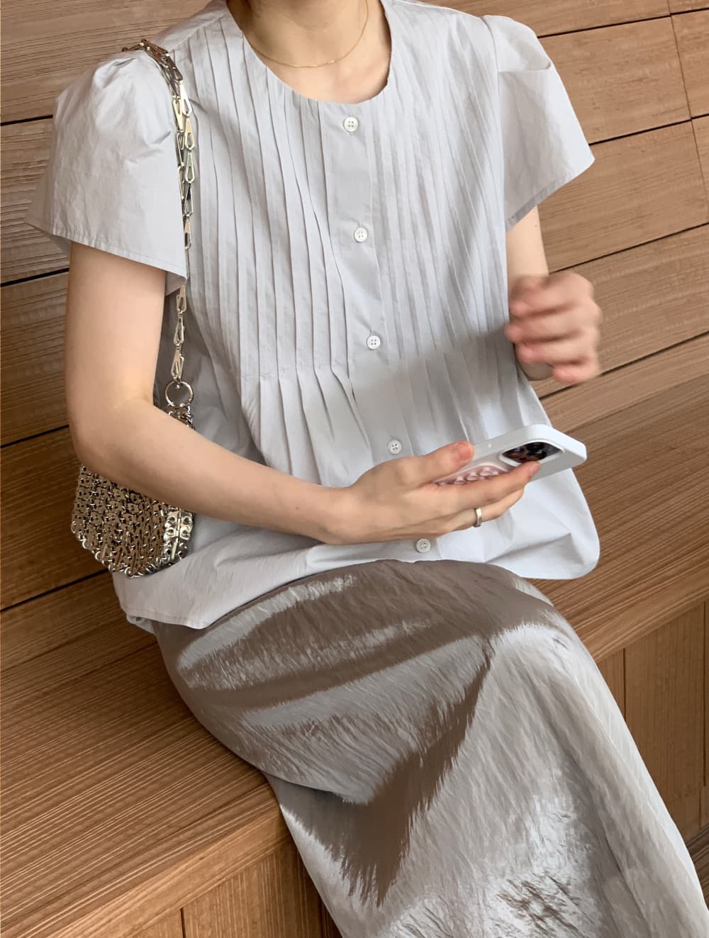 있음 선적 삼색 한 부서 미니멀리즘 수공 주름 반팔 셔츠 오픈 가디건 상세 이미지 39