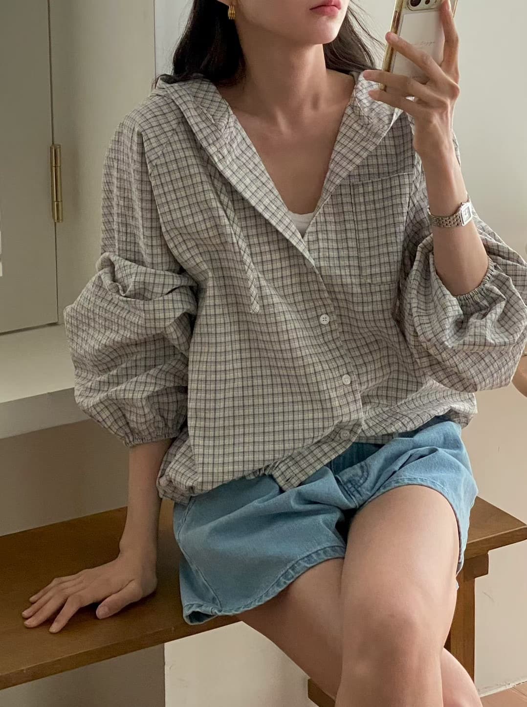 있음 선적 삼색 체크무늬 후드 셔츠 재고 있음 상세 이미지 1