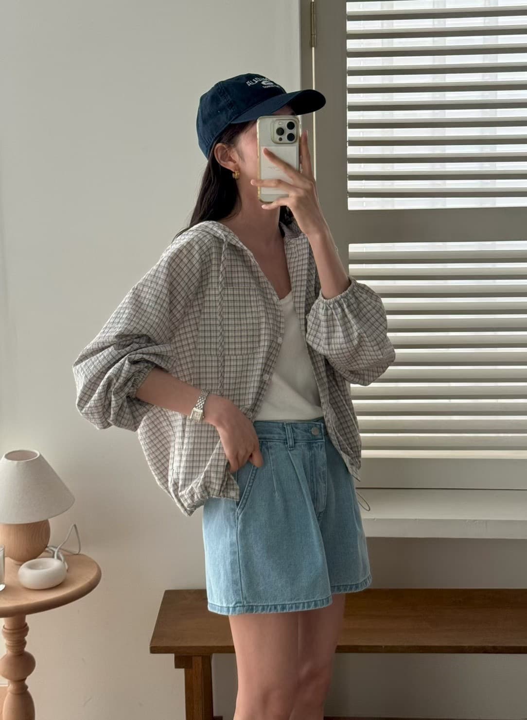 있음 선적 삼색 체크무늬 후드 셔츠 재고 있음 상세 이미지 2