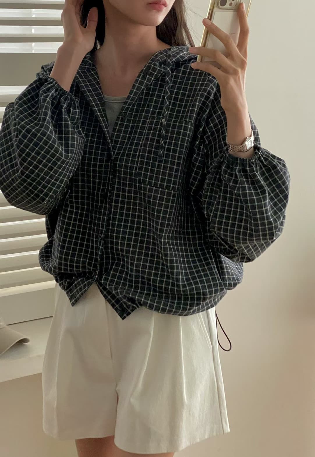 있음 선적 삼색 체크무늬 후드 셔츠 재고 있음 상세 이미지 3