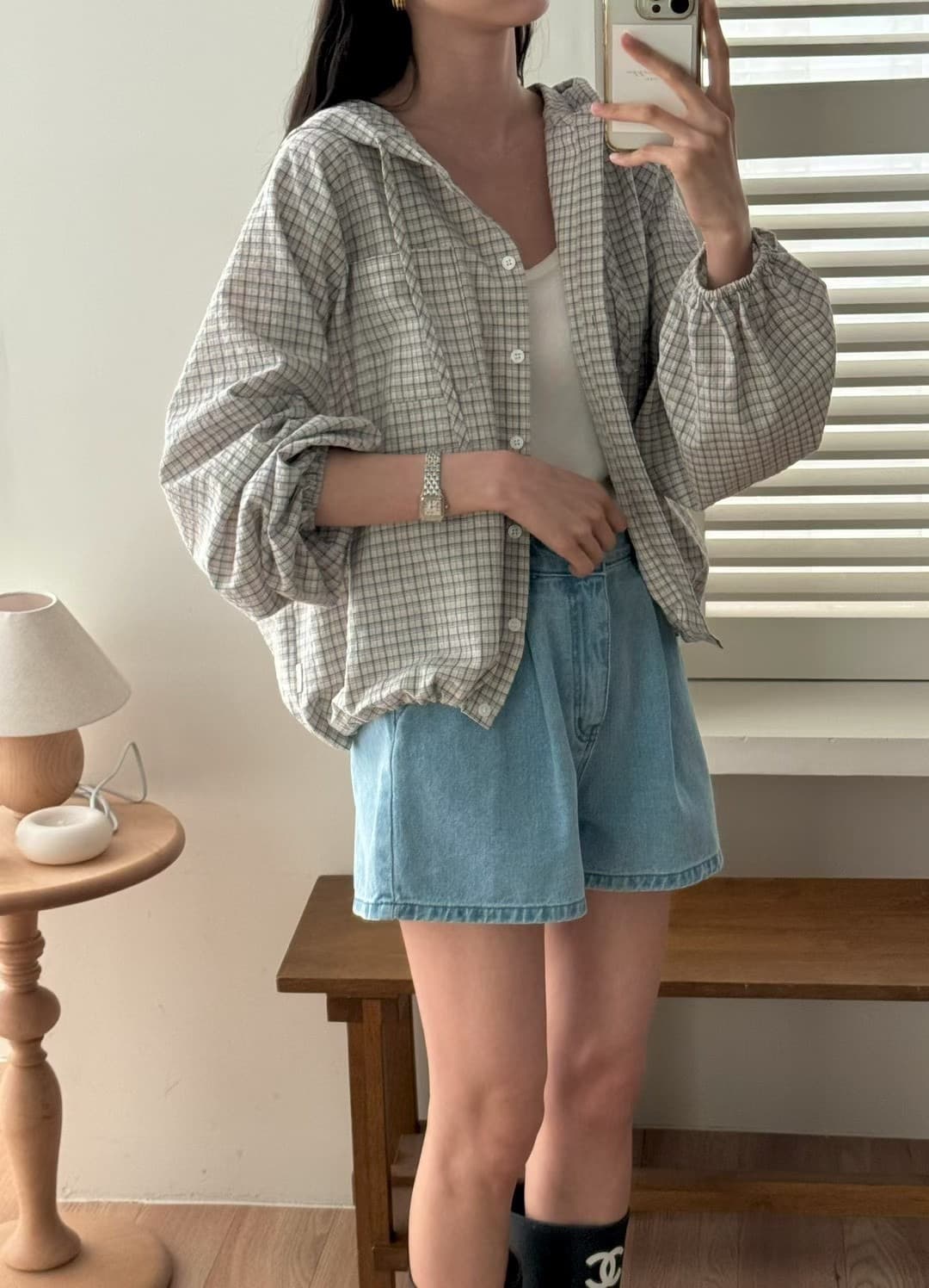 있음 선적 삼색 체크무늬 후드 셔츠 재고 있음 상세 이미지 5