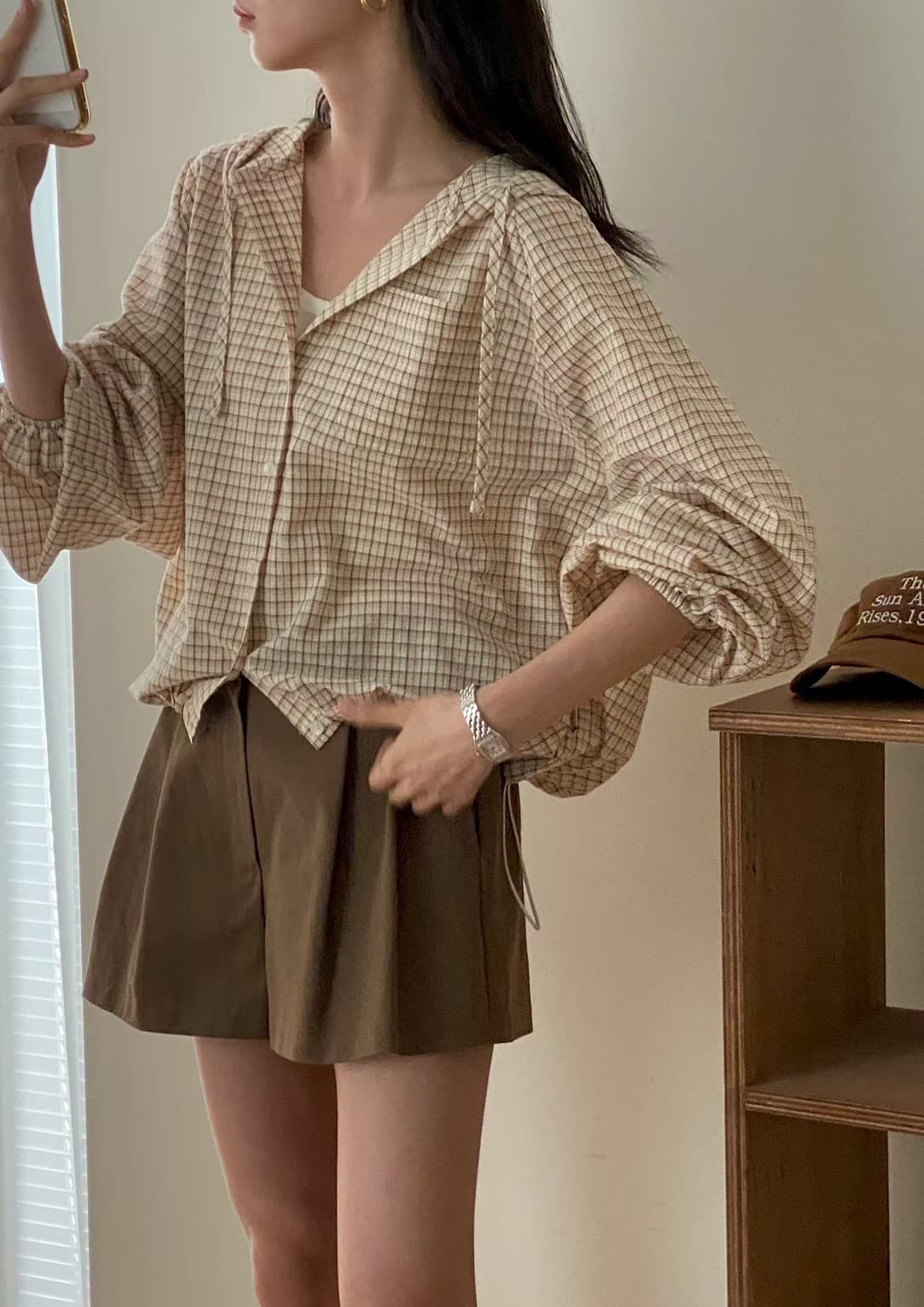 있음 선적 삼색 체크무늬 후드 셔츠 재고 있음 상세 이미지 9