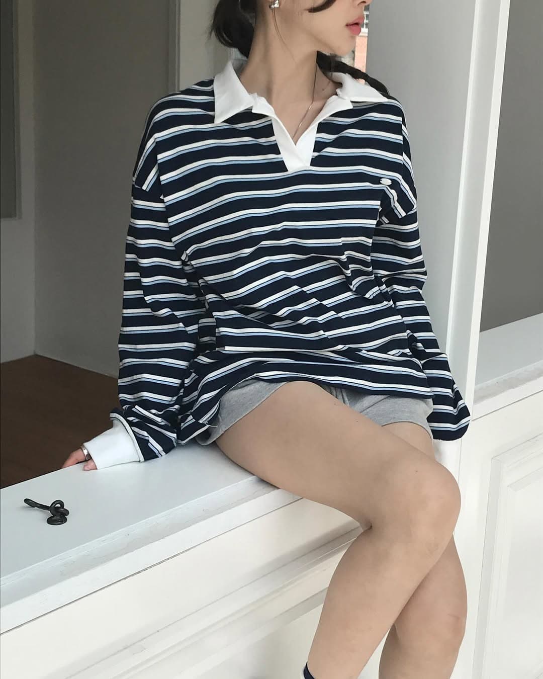 있음 선적 한 부서 다용도 스트라이프 POLO 칼라 스트라이프 긴팔 맨위 풀오버 재고 있음 이미지 3