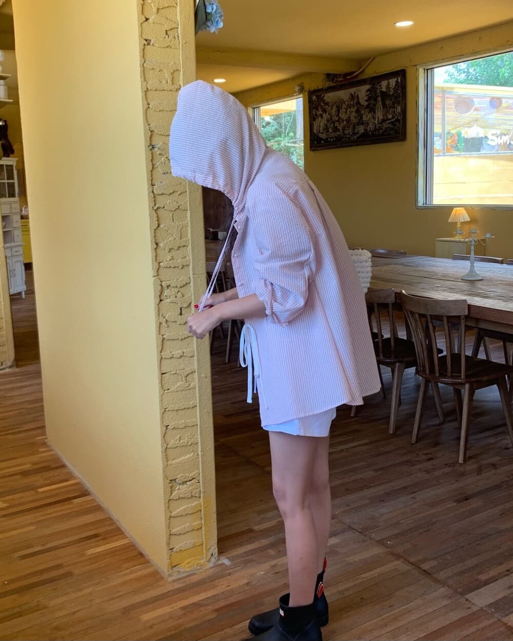 있음 선적 한 부서 달콤함 순면 핑크색 핀 스트라이프 후드 자외선 차단 긴팔 셔츠 이미지 4