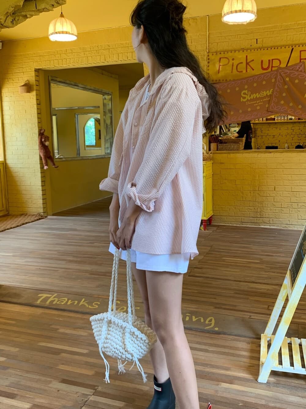 있음 선적 한 부서 달콤함 순면 핑크색 핀 스트라이프 후드 자외선 차단 긴팔 셔츠 상세 이미지 8