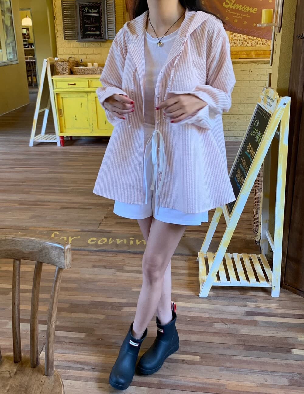 있음 선적 한 부서 달콤함 순면 핑크색 핀 스트라이프 후드 자외선 차단 긴팔 셔츠 상세 이미지 22