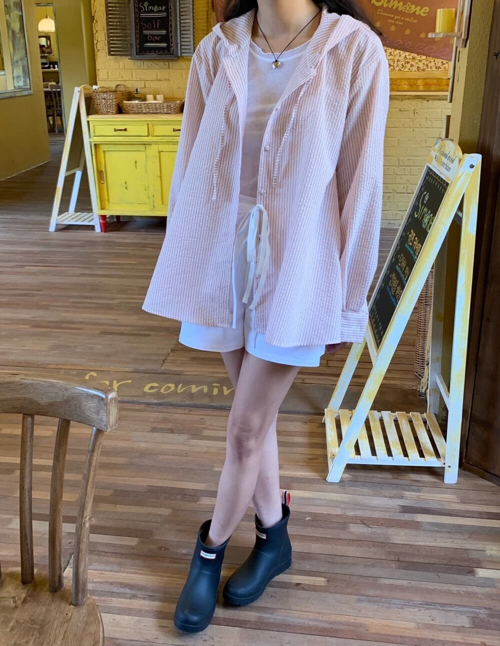 있음 선적 한 부서 달콤함 순면 핑크색 핀 스트라이프 후드 자외선 차단 긴팔 셔츠 상세 이미지 23
