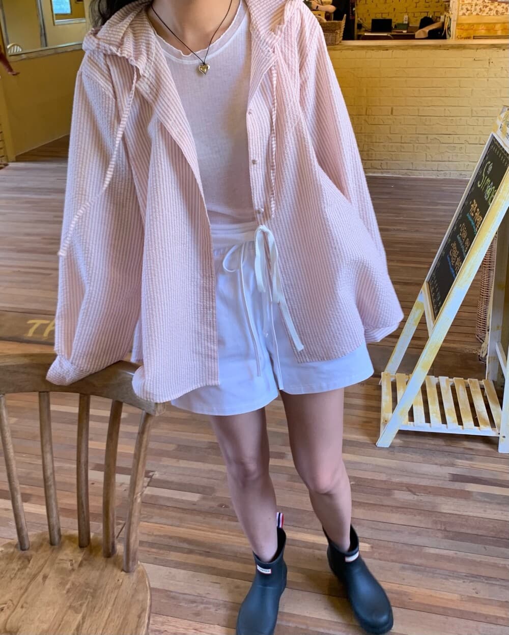있음 선적 한 부서 달콤함 순면 핑크색 핀 스트라이프 후드 자외선 차단 긴팔 셔츠 상세 이미지 29