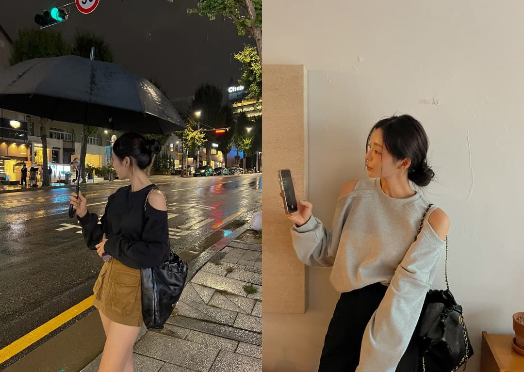 있음 선적 한 부서 디자인 센스 직각 어깨 오프숄더 캐주얼 후드티 상세 이미지 1