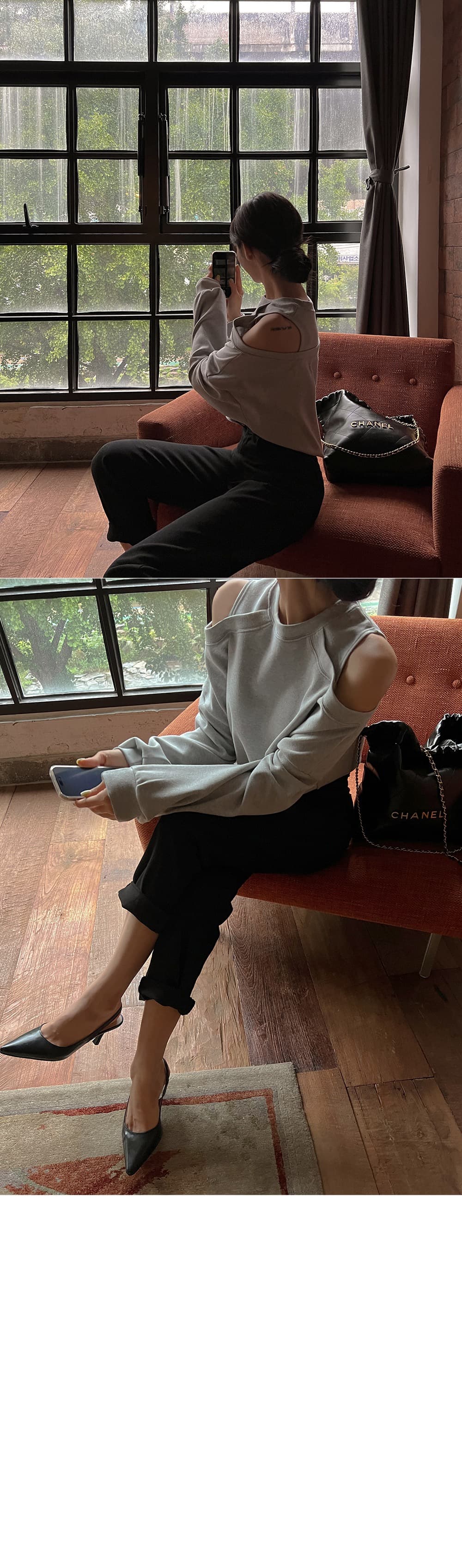 있음 선적 한 부서 디자인 센스 직각 어깨 오프숄더 캐주얼 후드티 상세 이미지 2