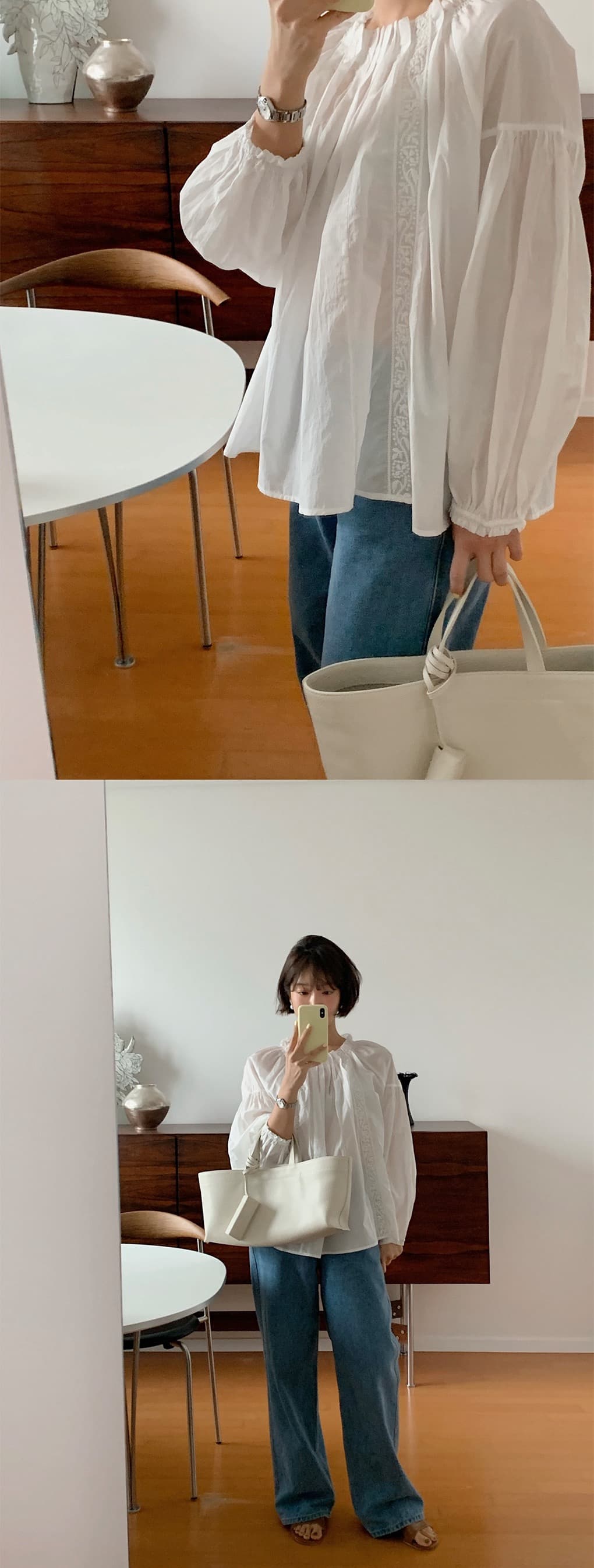 있음 선적 둘 색상 자수 수공 Pleat 루즈핏 긴팔 셔츠 상세 이미지 5