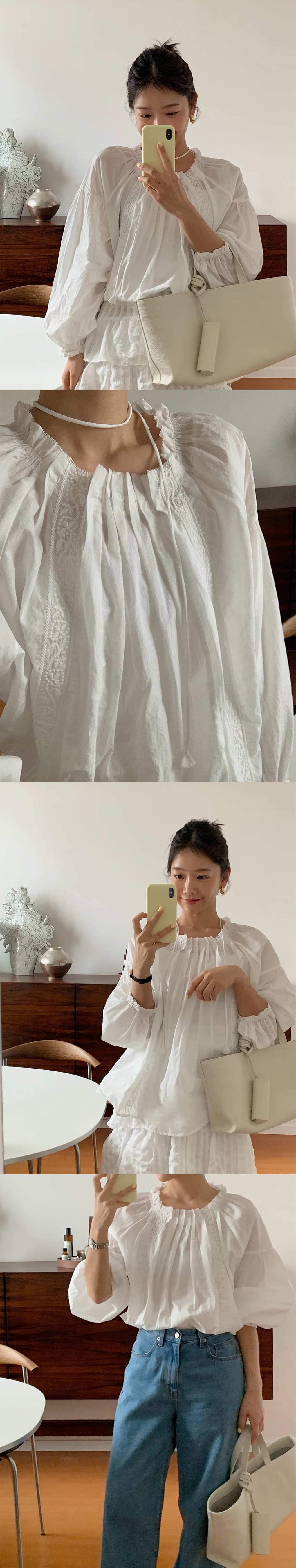 있음 선적 둘 색상 자수 수공 Pleat 루즈핏 긴팔 셔츠 상세 이미지 7