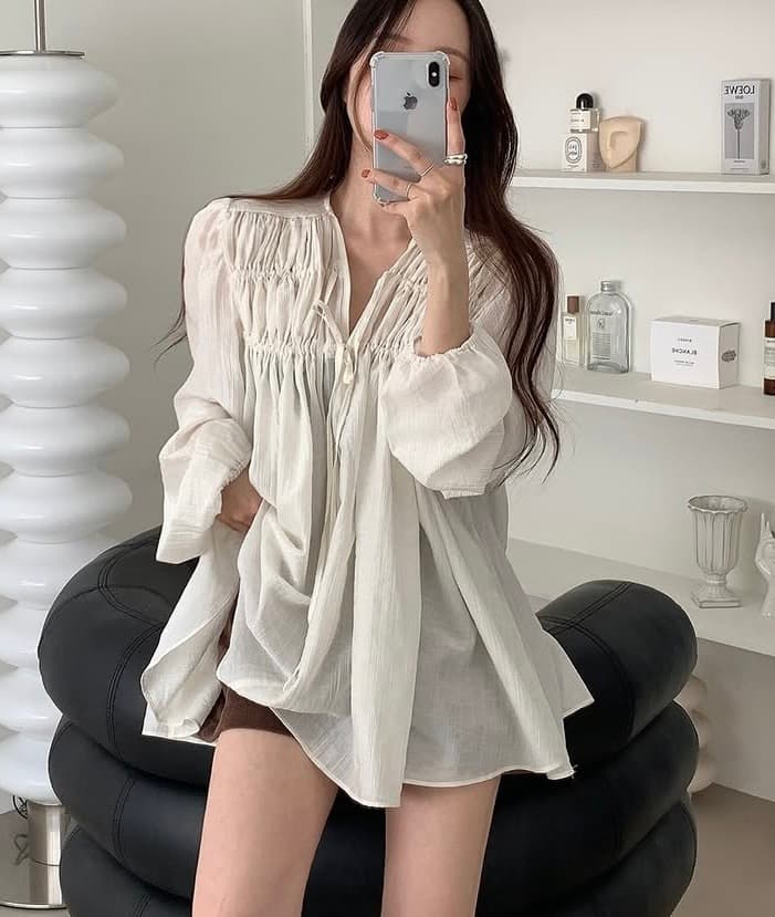 있음 선적 한 부서 삼색 V넥 주름 펌프 로프 큰 진자 긴팔 셔츠