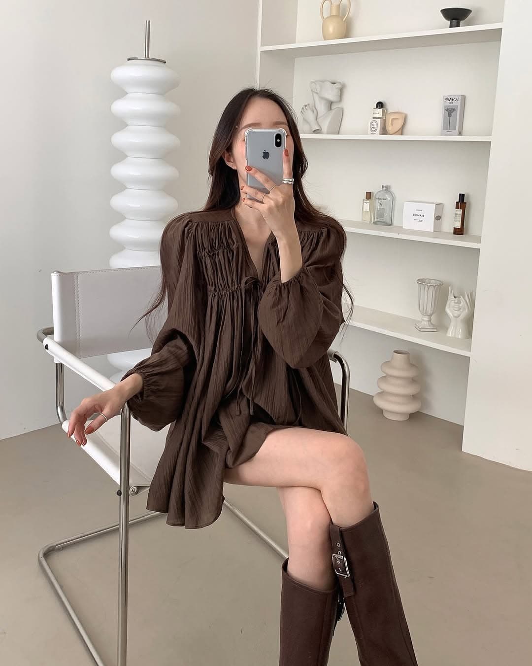 있음 선적 한 부서 삼색 V넥 주름 펌프 로프 큰 진자 긴팔 셔츠 상세 이미지 1