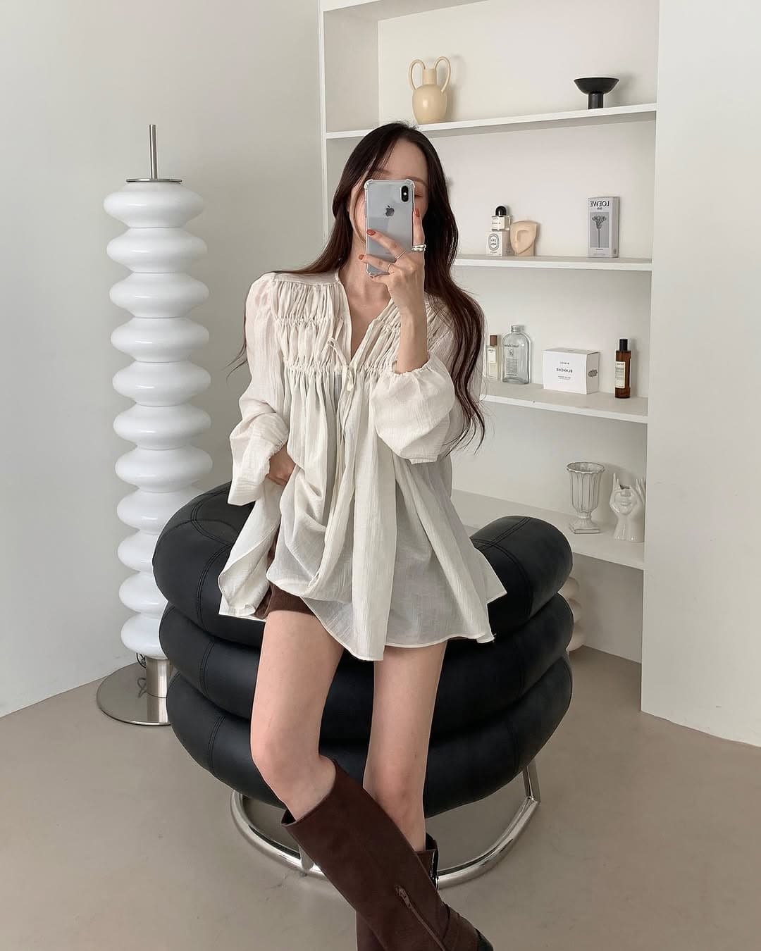 있음 선적 한 부서 삼색 V넥 주름 펌프 로프 큰 진자 긴팔 셔츠 상세 이미지 6