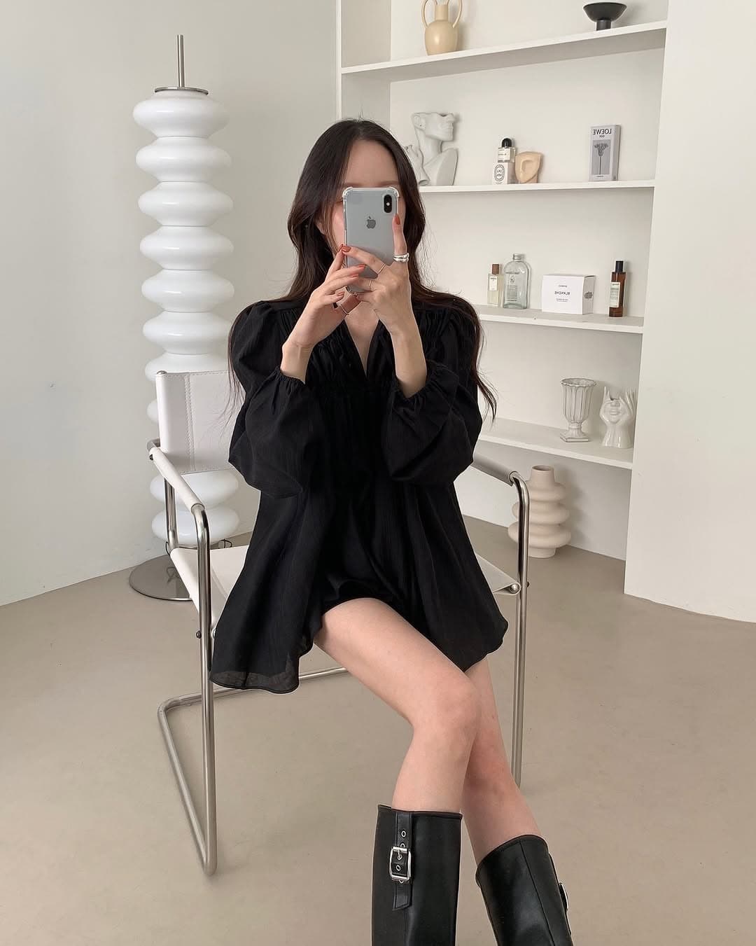 있음 선적 한 부서 삼색 V넥 주름 펌프 로프 큰 진자 긴팔 셔츠 상세 이미지 7