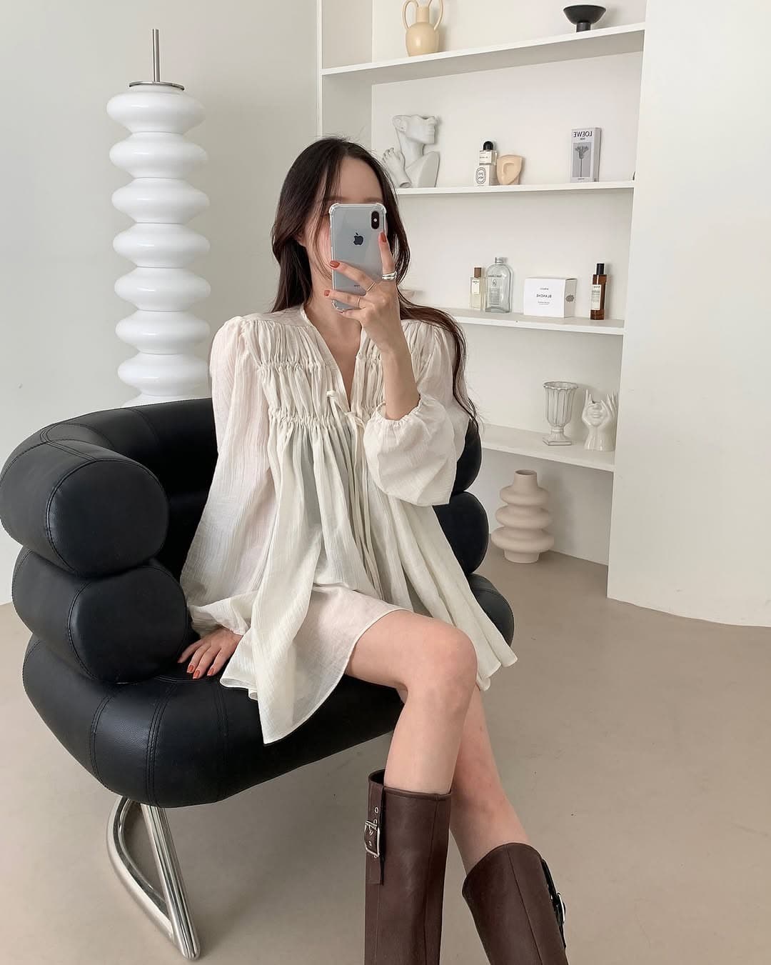 있음 선적 한 부서 삼색 V넥 주름 펌프 로프 큰 진자 긴팔 셔츠 상세 이미지 8