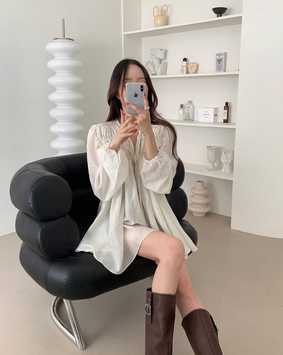 있음 선적 한 부서 삼색 V넥 주름 펌프 로프 큰 진자 긴팔 셔츠 상세 이미지 9