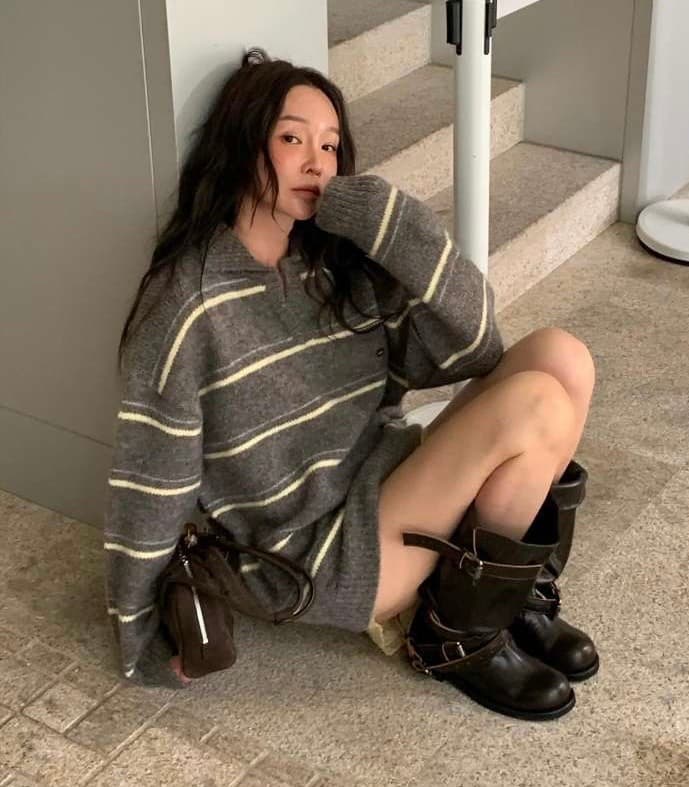 있음 선적 한 부서 느긋한 바람 핀 스트라이프 따뜻한 찹쌀 폴로 칼라 풀오버 긴팔 스웨터 이미지 2
