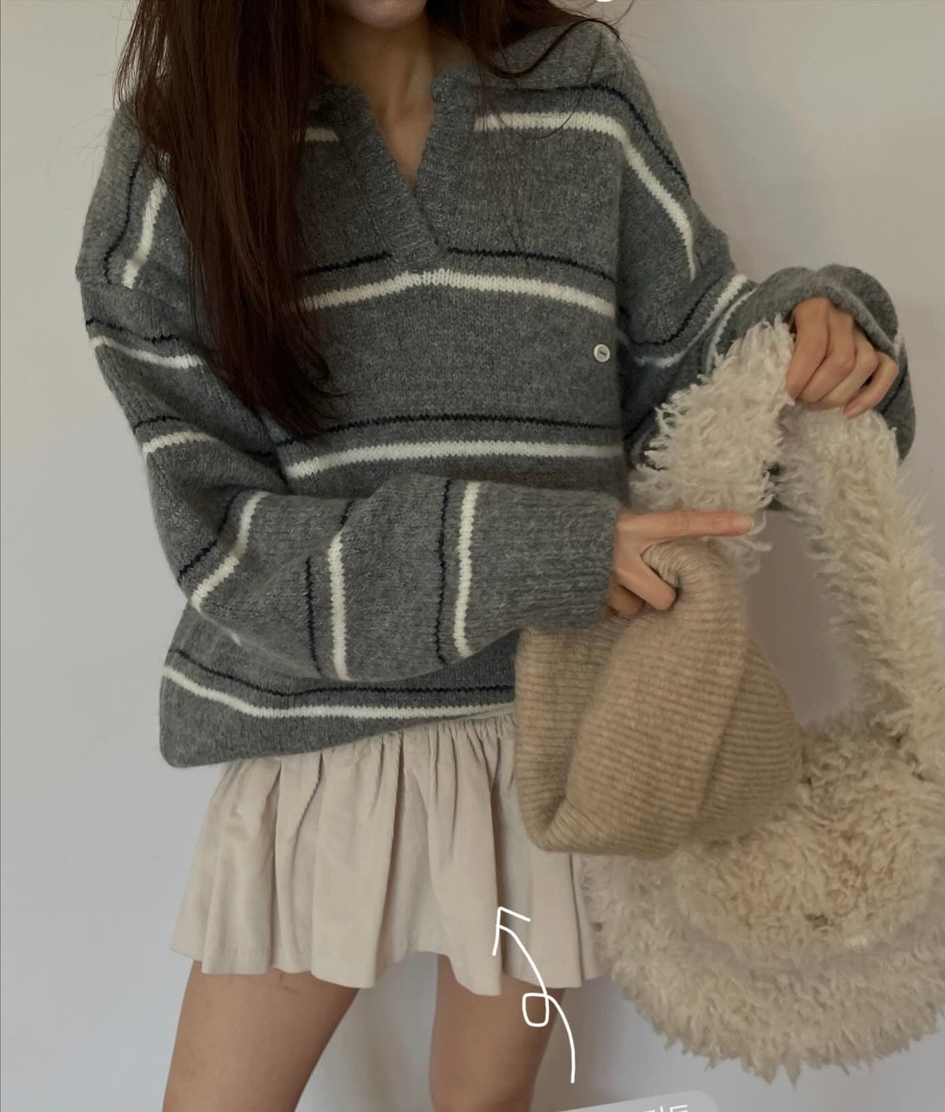 있음 선적 한 부서 느긋한 바람 핀 스트라이프 따뜻한 찹쌀 폴로 칼라 풀오버 긴팔 스웨터