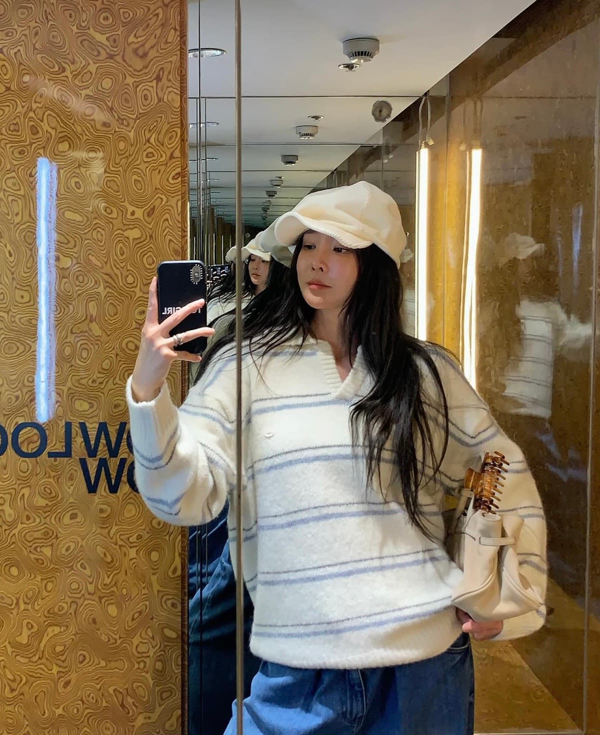 있음 선적 한 부서 느긋한 바람 핀 스트라이프 따뜻한 찹쌀 폴로 칼라 풀오버 긴팔 스웨터 상세 이미지 1