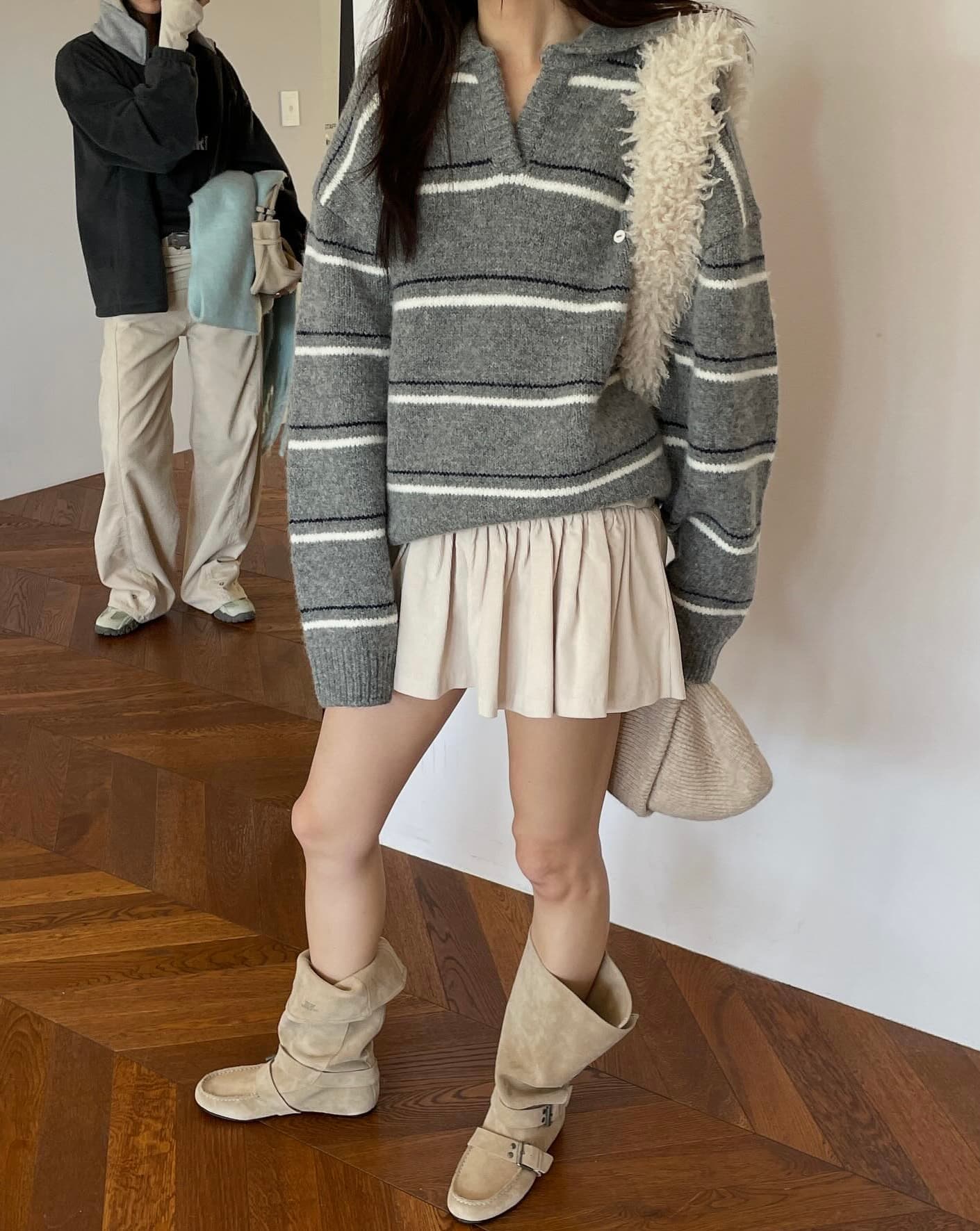 있음 선적 한 부서 느긋한 바람 핀 스트라이프 따뜻한 찹쌀 폴로 칼라 풀오버 긴팔 스웨터 상세 이미지 2