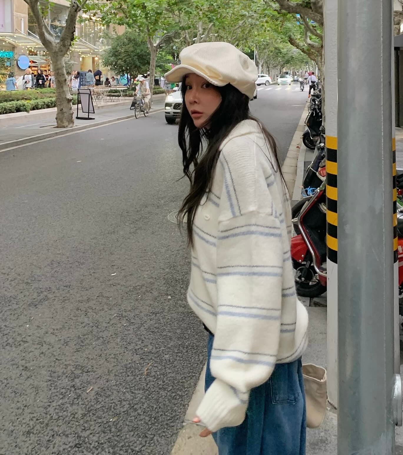 있음 선적 한 부서 느긋한 바람 핀 스트라이프 따뜻한 찹쌀 폴로 칼라 풀오버 긴팔 스웨터 상세 이미지 5