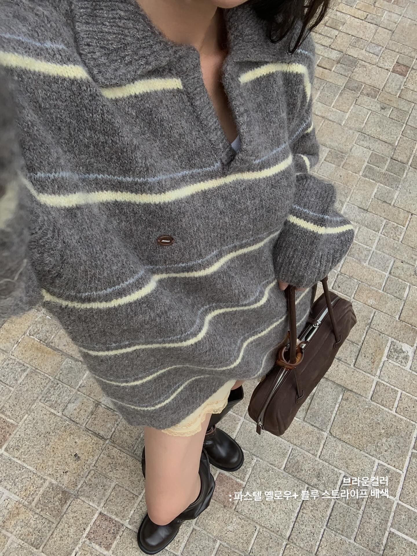 있음 선적 한 부서 느긋한 바람 핀 스트라이프 따뜻한 찹쌀 폴로 칼라 풀오버 긴팔 스웨터 상세 이미지 7