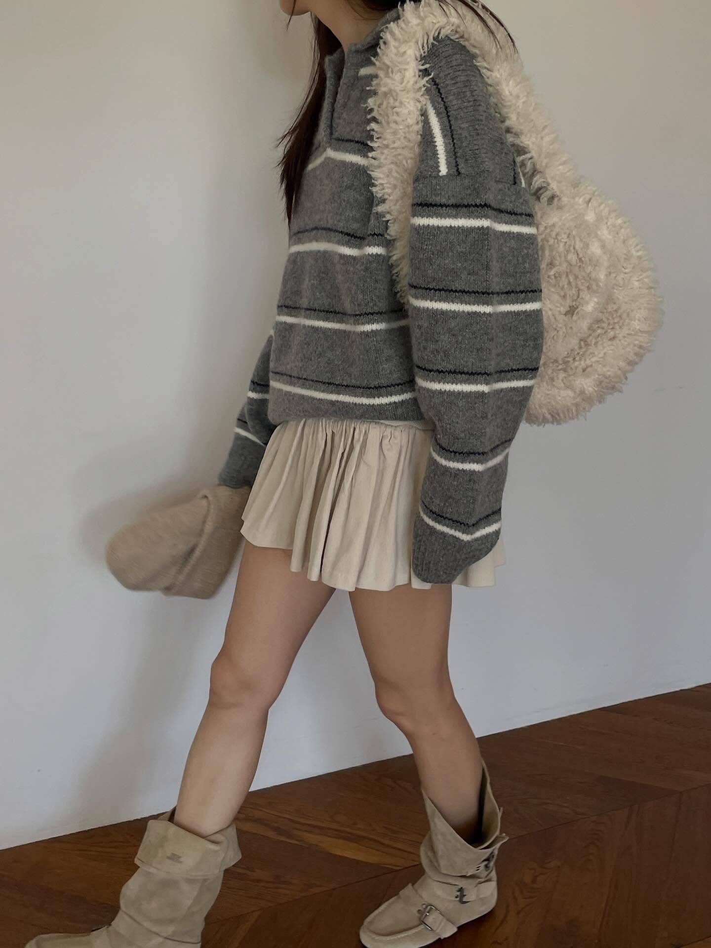 있음 선적 한 부서 느긋한 바람 핀 스트라이프 따뜻한 찹쌀 폴로 칼라 풀오버 긴팔 스웨터 상세 이미지 9