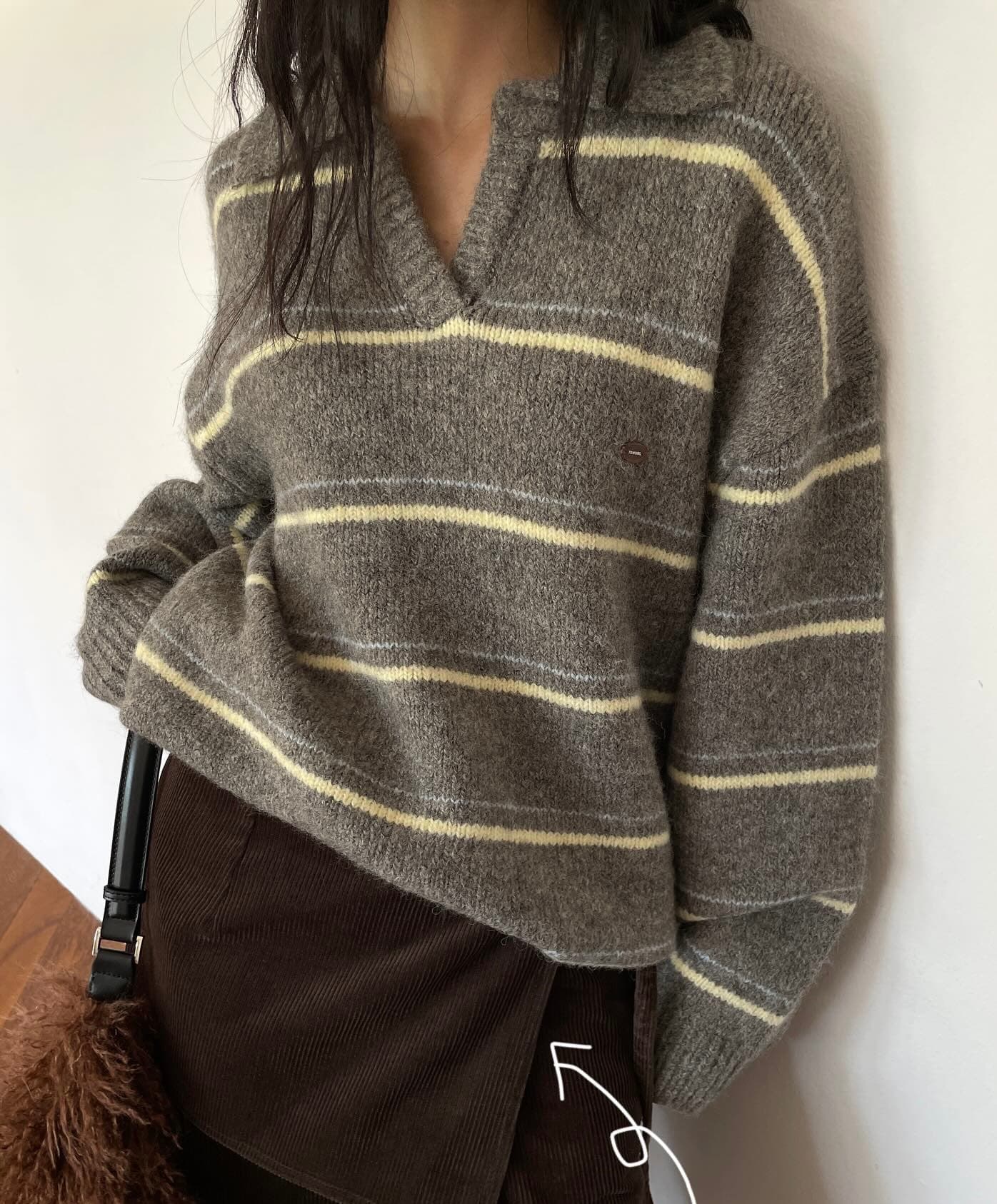 있음 선적 한 부서 느긋한 바람 핀 스트라이프 따뜻한 찹쌀 폴로 칼라 풀오버 긴팔 스웨터 상세 이미지 11