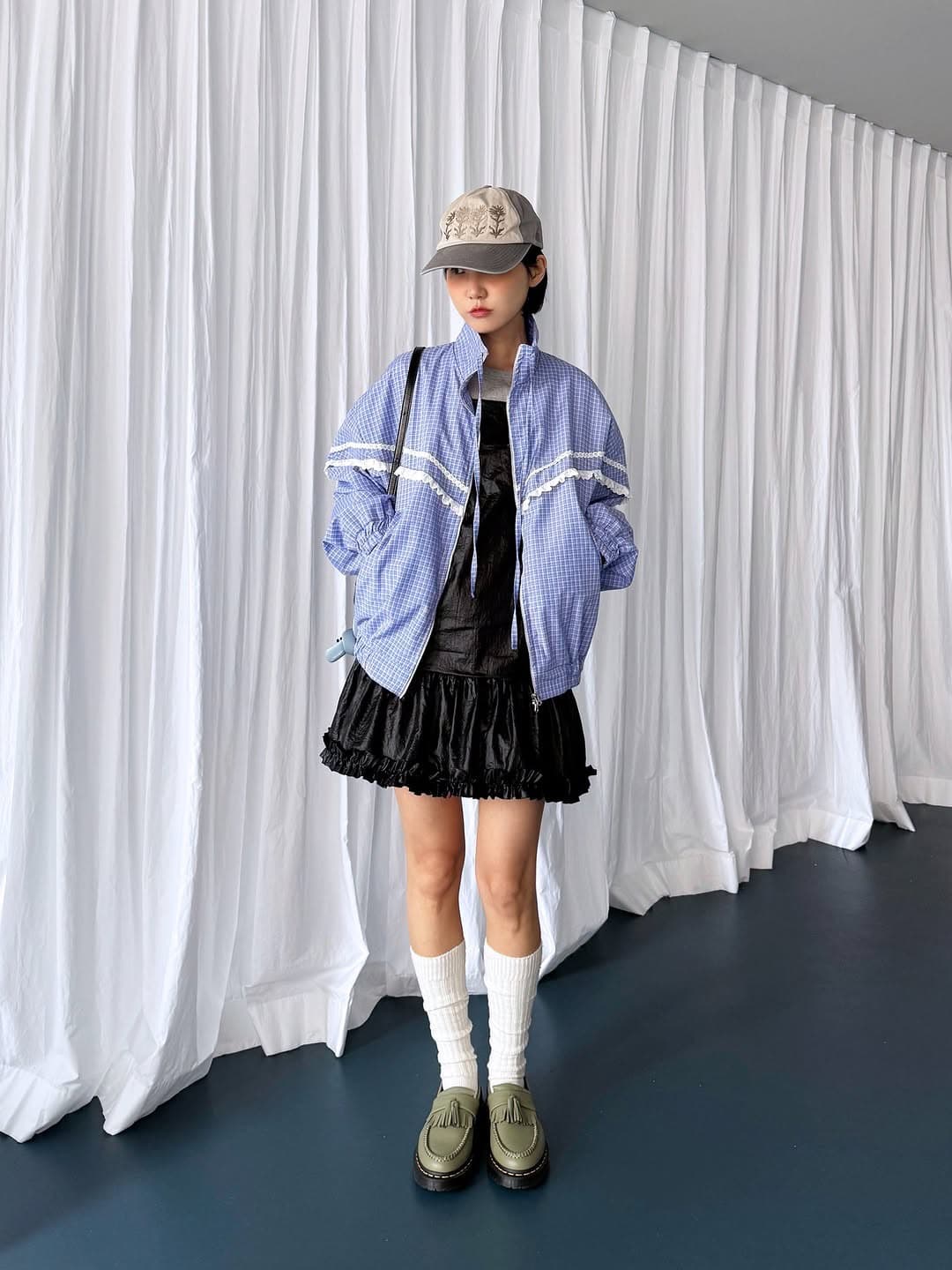 있음 선적 한 부서 체크무늬 패치워크 레이스 긴팔 재킷 이미지 4