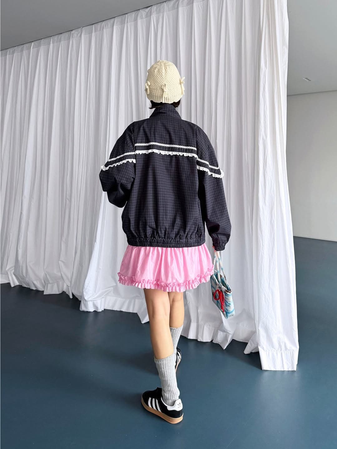 있음 선적 한 부서 체크무늬 패치워크 레이스 긴팔 재킷 이미지 2