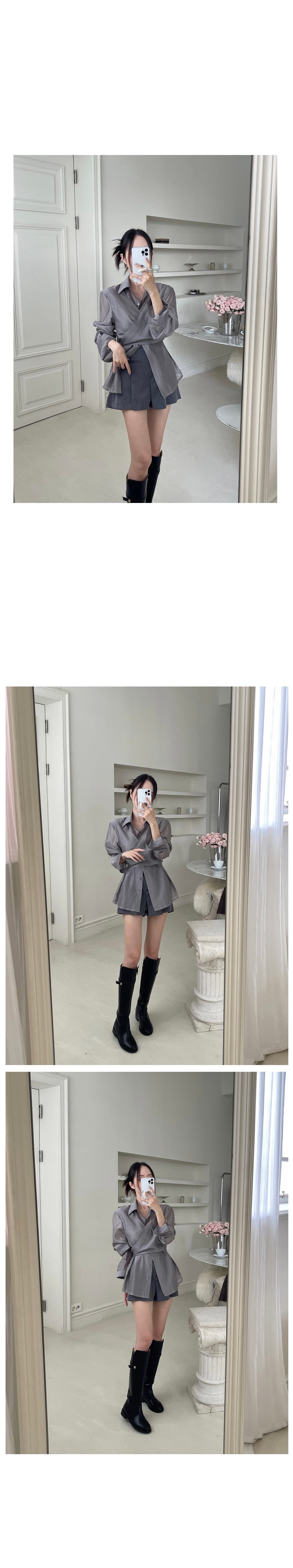 있음 선적 한 부서 주간 실크 코튼 얇고 가벼운 디자인 센스 십자가 스트랩 셔츠 상세 이미지 8