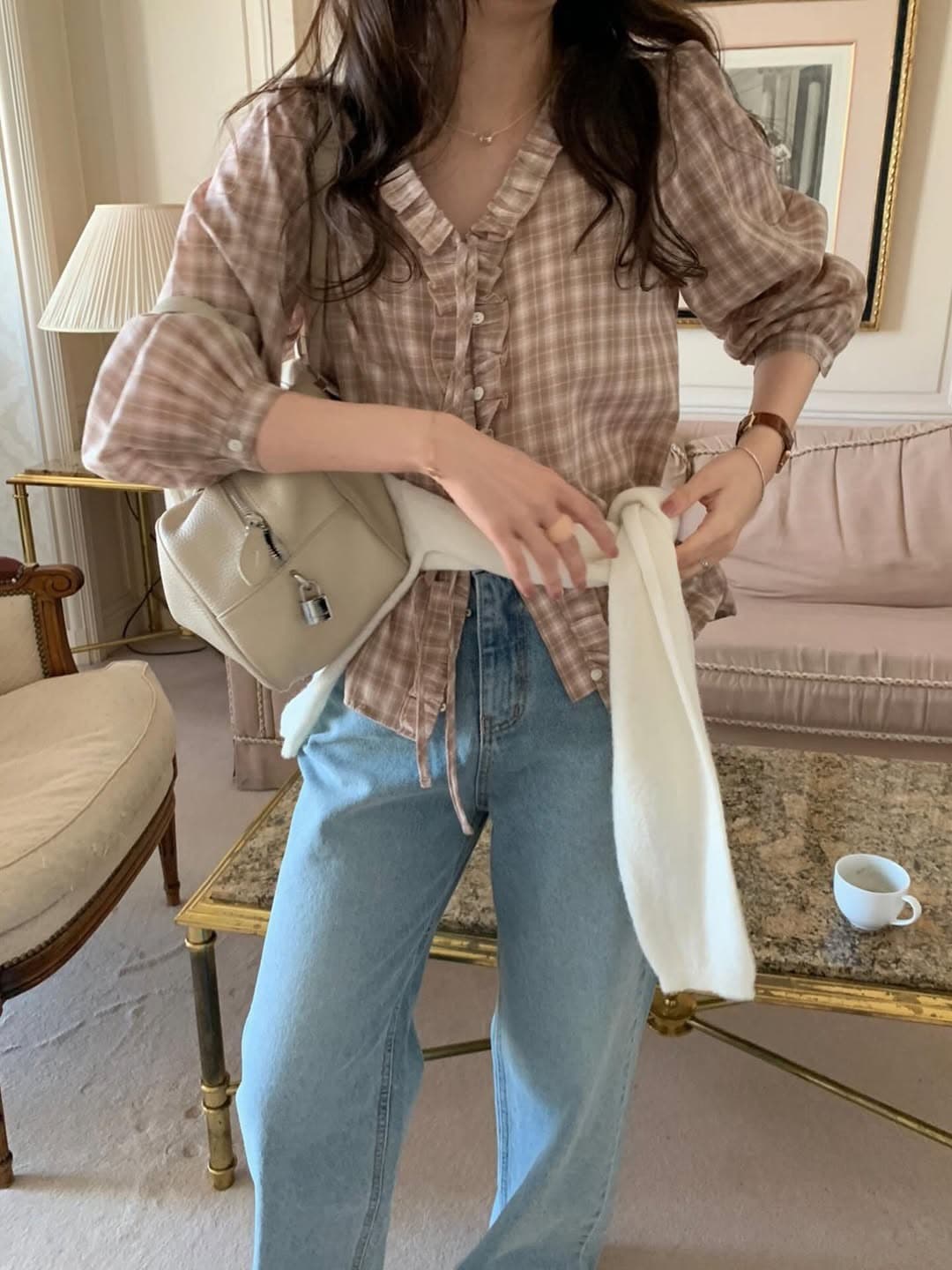 지금 둘 색상 회색 색조 체크무늬 프릴 긴팔 셔츠 상세 이미지 10