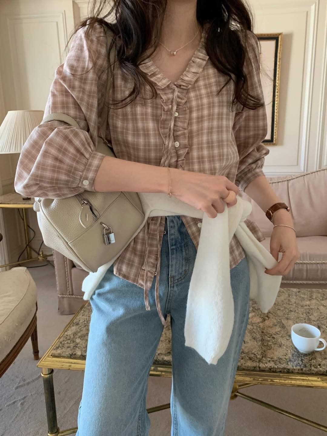 지금 둘 색상 회색 색조 체크무늬 프릴 긴팔 셔츠 상세 이미지 12