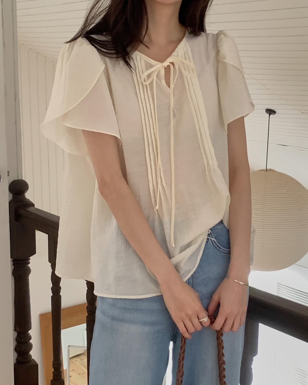 지금 둘 색상 주간 실크 시원한 꽃밭 소매 레이스업 반팔 맨위 이미지 4