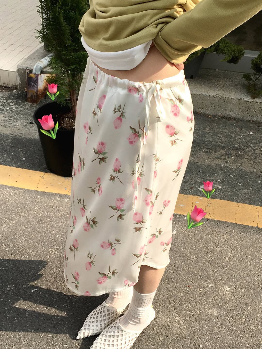 있음 선적 한 부서 부드러운 바람 프린트 비스듬한 진자 반신 스커트 상세 이미지 4