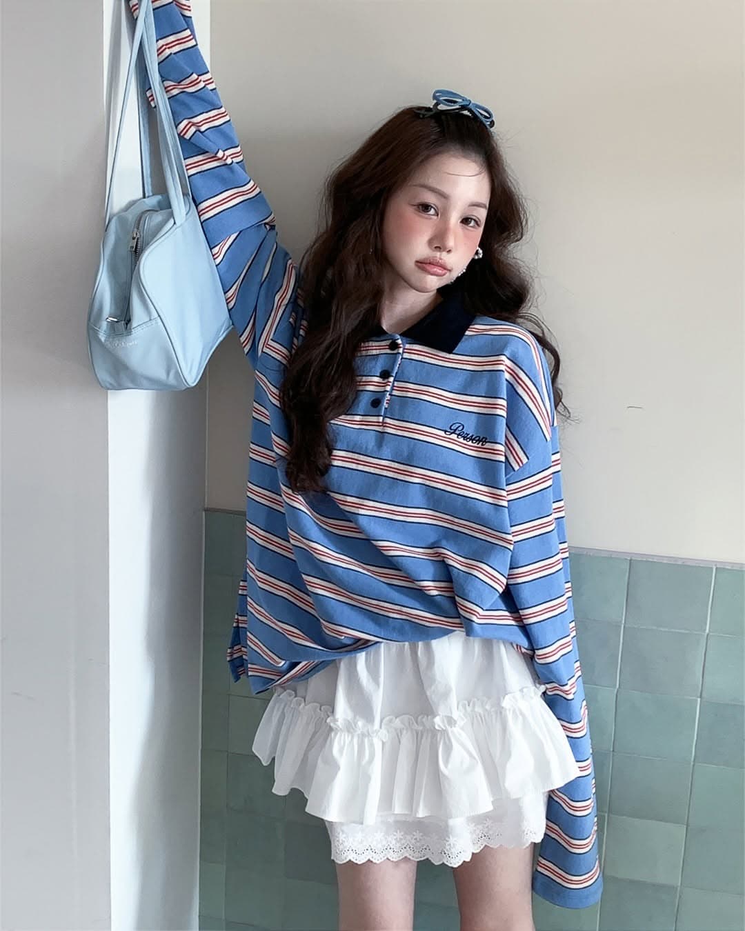 지금 huo 둘 색상 연령 감소 스트라이프 긴팔 폴로 칼라 polot 셔츠
