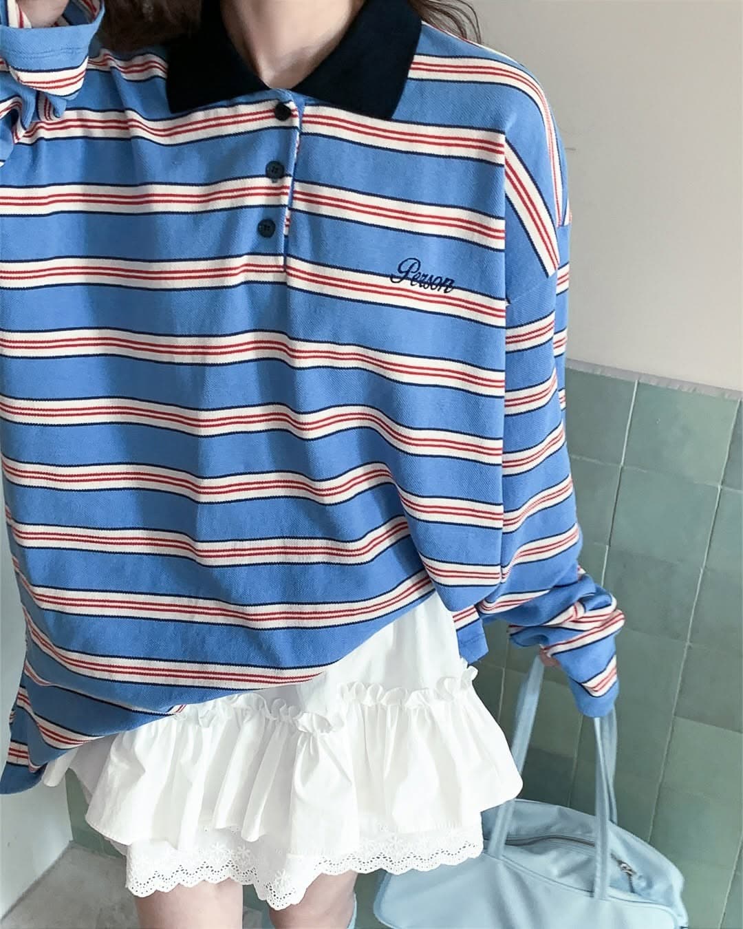 지금 huo 둘 색상 연령 감소 스트라이프 긴팔 폴로 칼라 polot 셔츠 상세 이미지 3