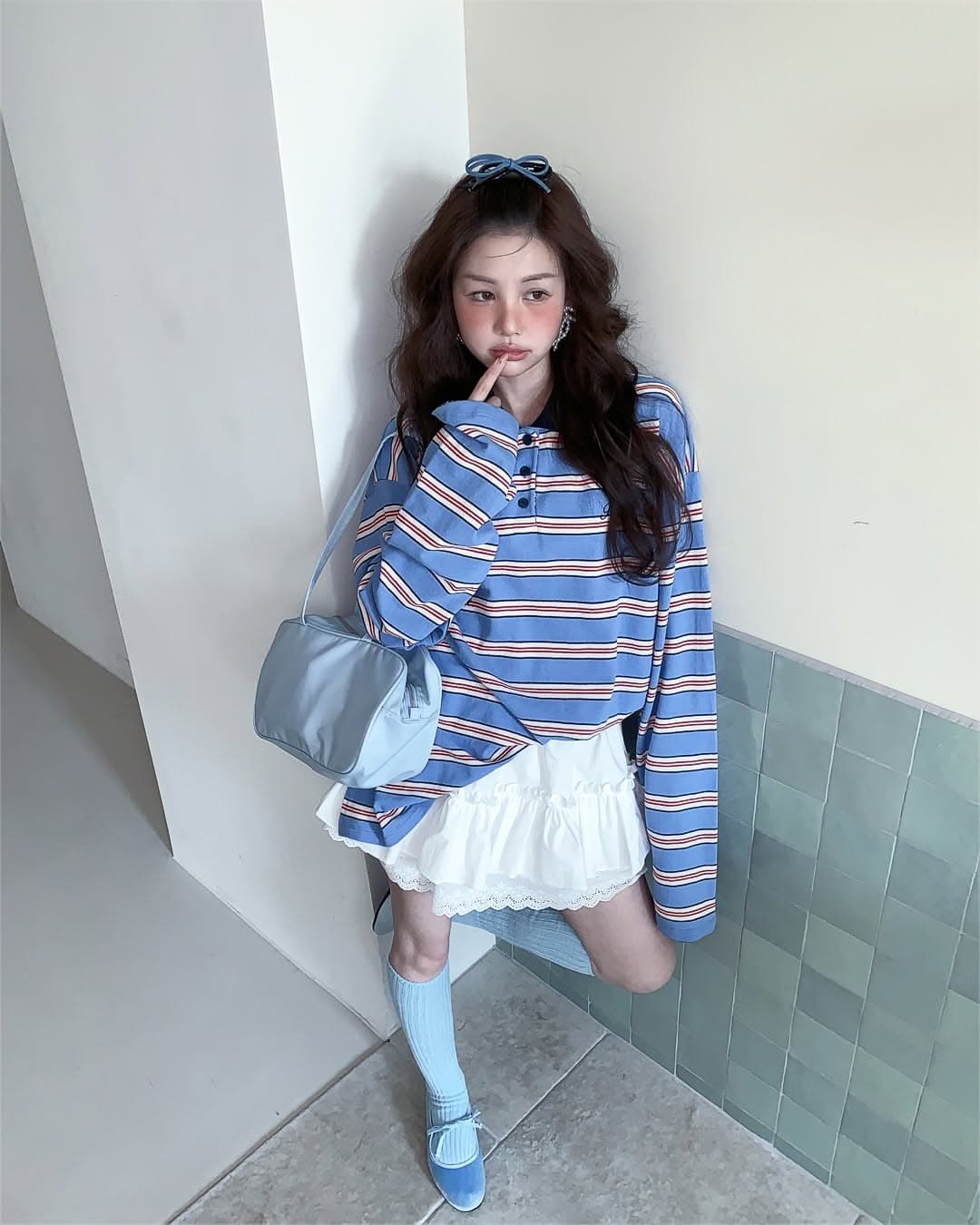 지금 huo 둘 색상 연령 감소 스트라이프 긴팔 폴로 칼라 polot 셔츠 상세 이미지 5