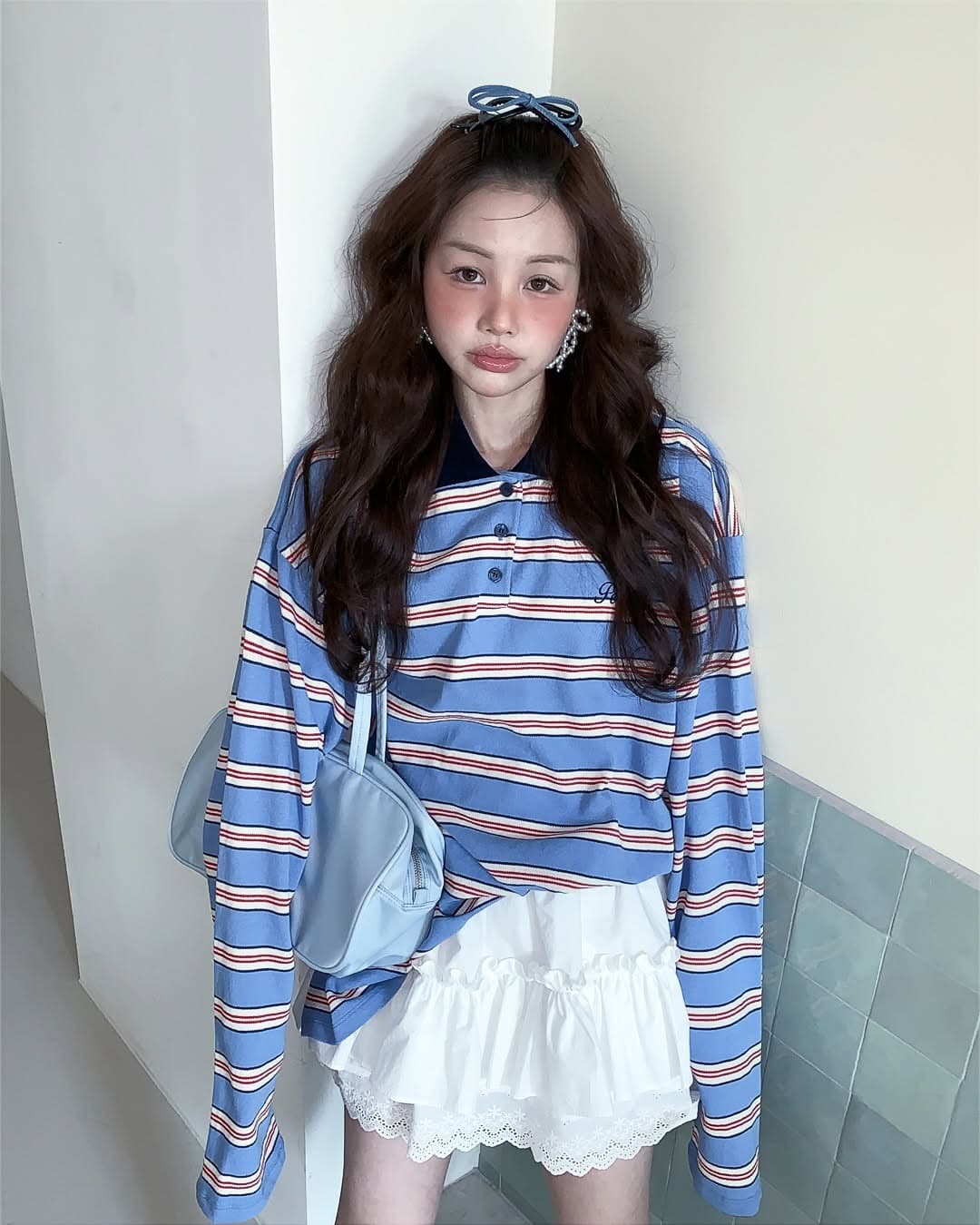 지금 huo 둘 색상 연령 감소 스트라이프 긴팔 폴로 칼라 polot 셔츠 상세 이미지 6