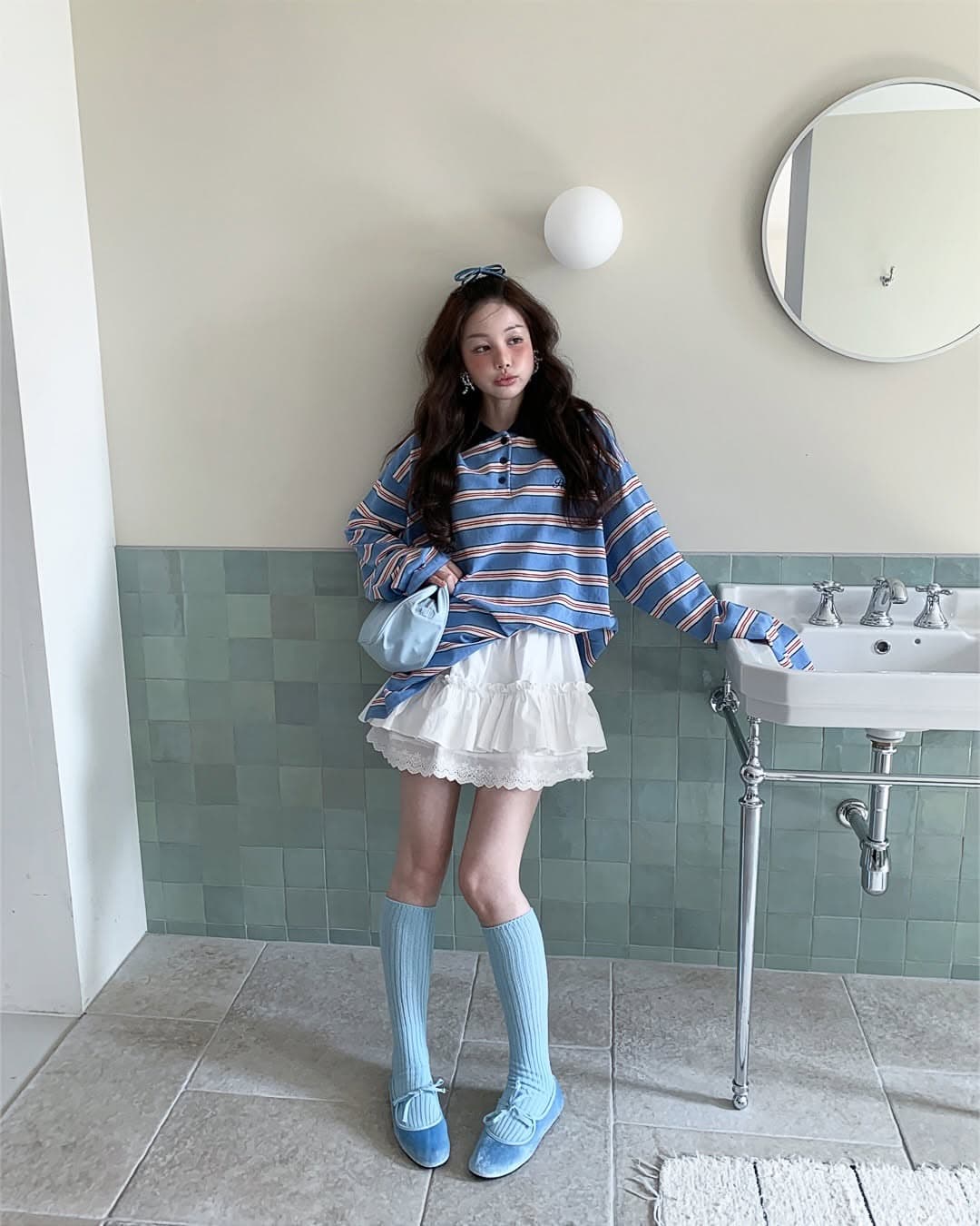 지금 huo 둘 색상 연령 감소 스트라이프 긴팔 폴로 칼라 polot 셔츠 상세 이미지 7