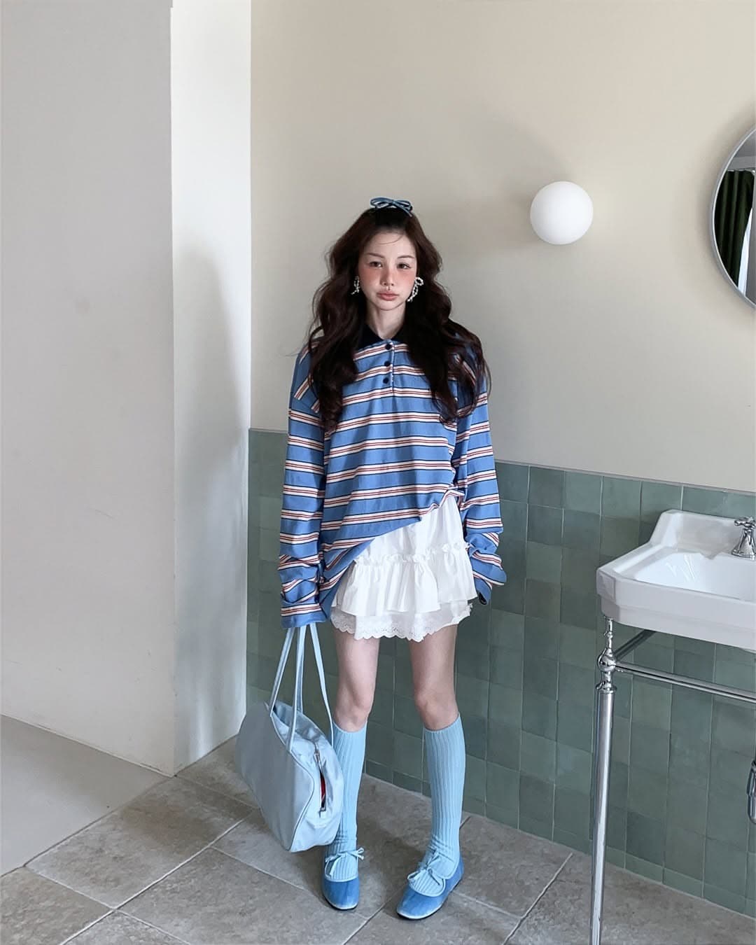 지금 huo 둘 색상 연령 감소 스트라이프 긴팔 폴로 칼라 polot 셔츠 상세 이미지 9