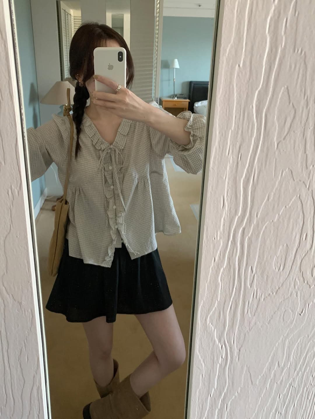 있음 선적 둘 색상 체크무늬 프릴 장식 루즈핏 긴팔 맨위 이미지 2