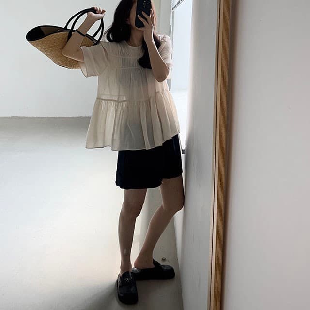 지금 huo 둘 색상 얇고 가벼운 주름 라운드 넥 반팔 맨위 상세 이미지 14