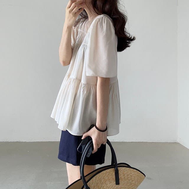 지금 huo 둘 색상 얇고 가벼운 주름 라운드 넥 반팔 맨위 상세 이미지 15